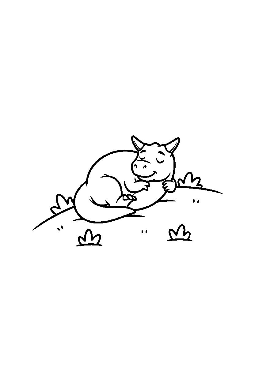 carnotaurus sleeping peacefully near a grassy hill line art