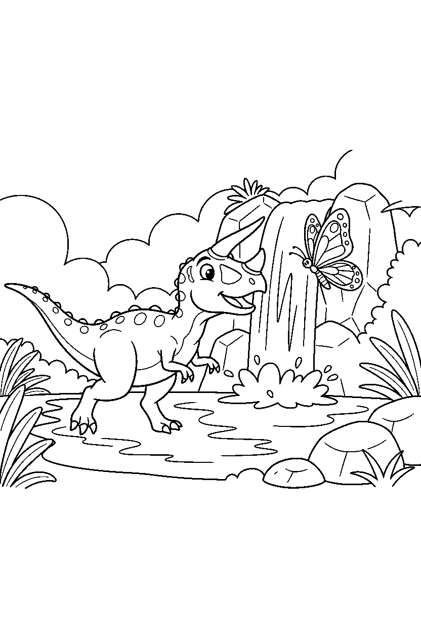 ceratosaurus chasing a butterfly near a waterfall line art