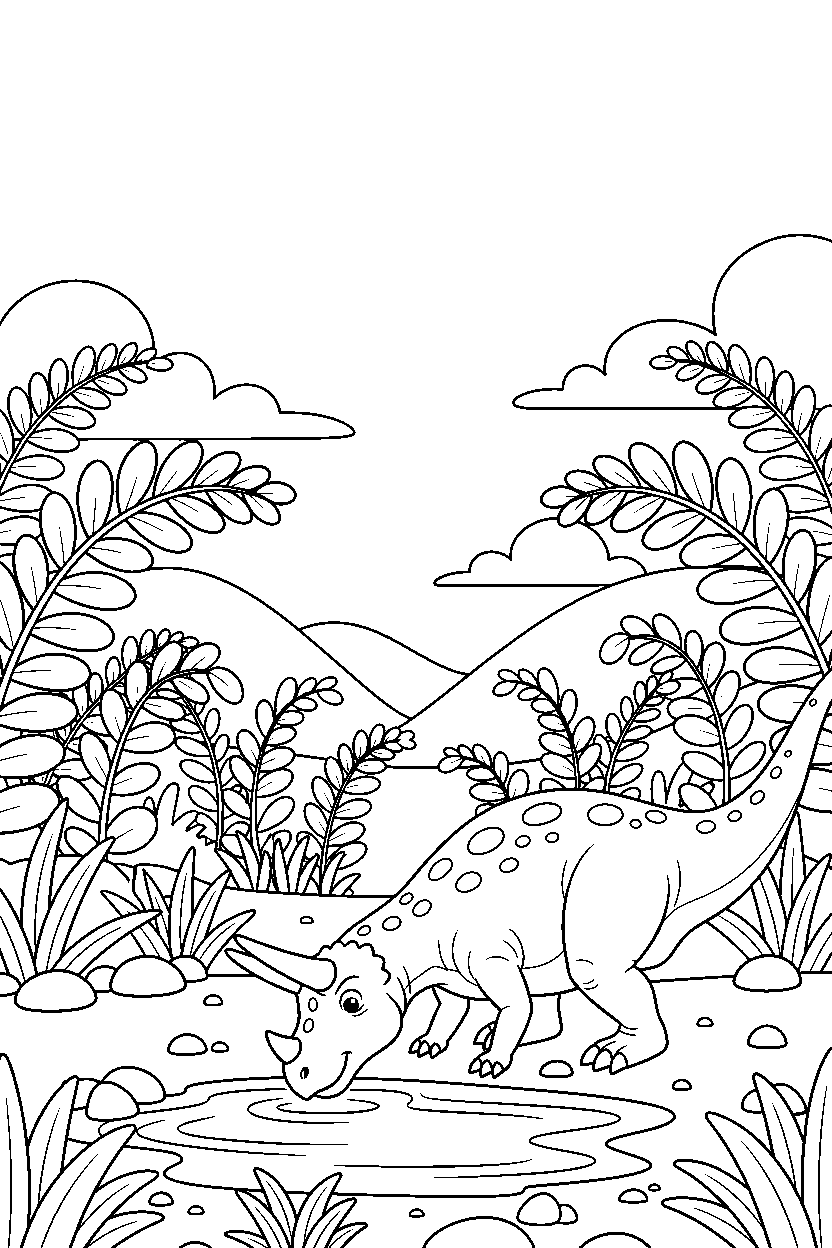 ceratosaurus dinosaur drinking water inside a fern valley line art