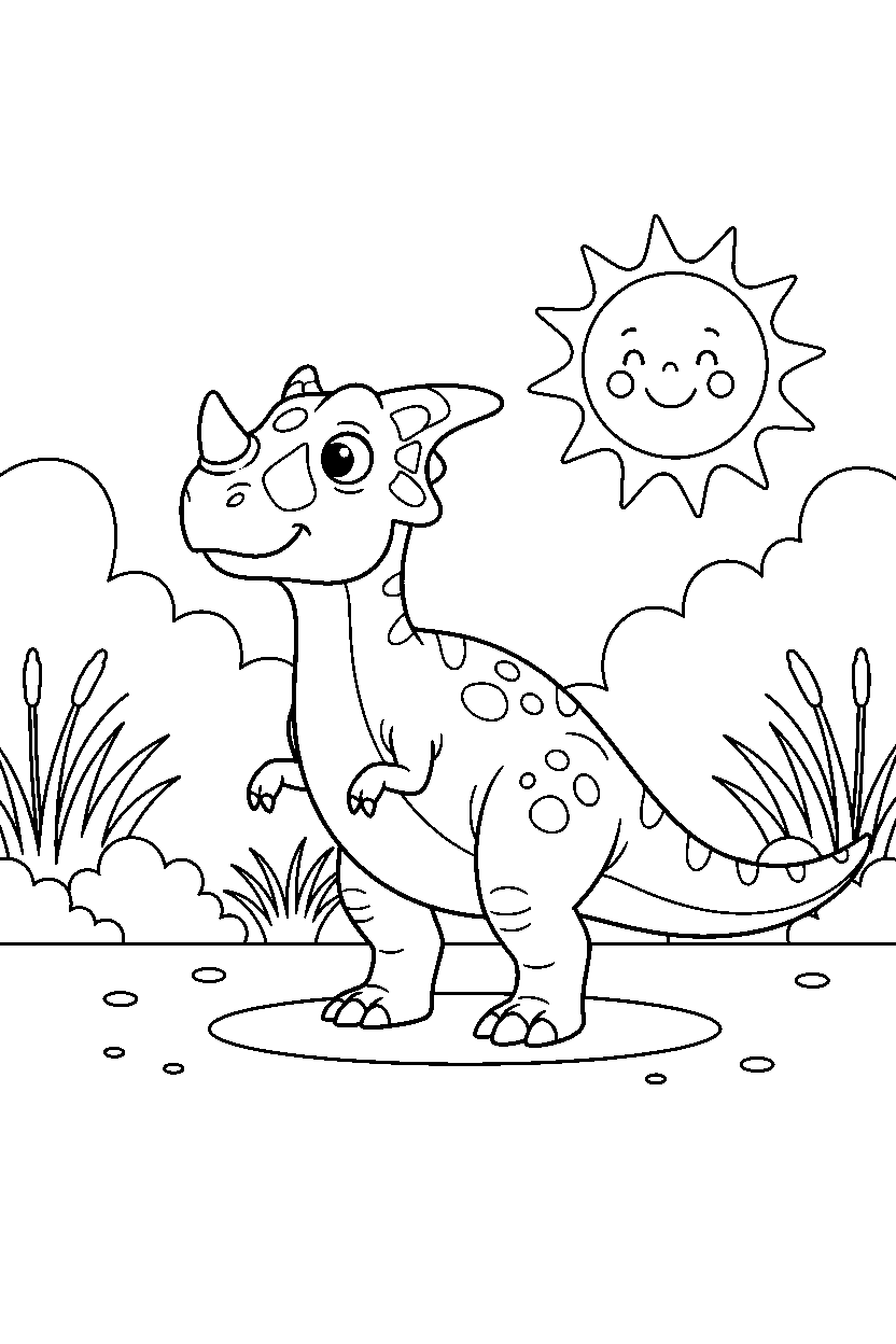 ceratosaurus dinosaur looking around curiously in a sunny meadow line art