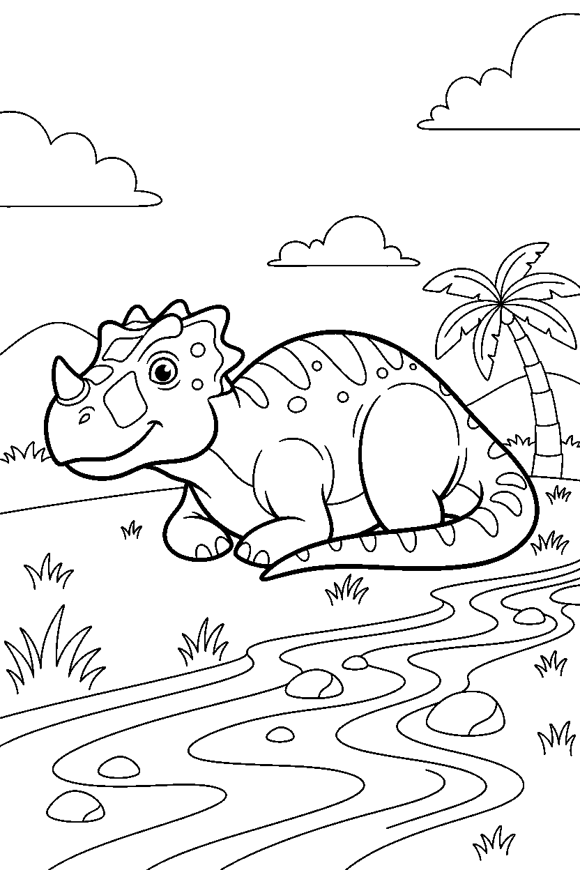 ceratosaurus dinosaur resting calmly beside a shallow stream line art