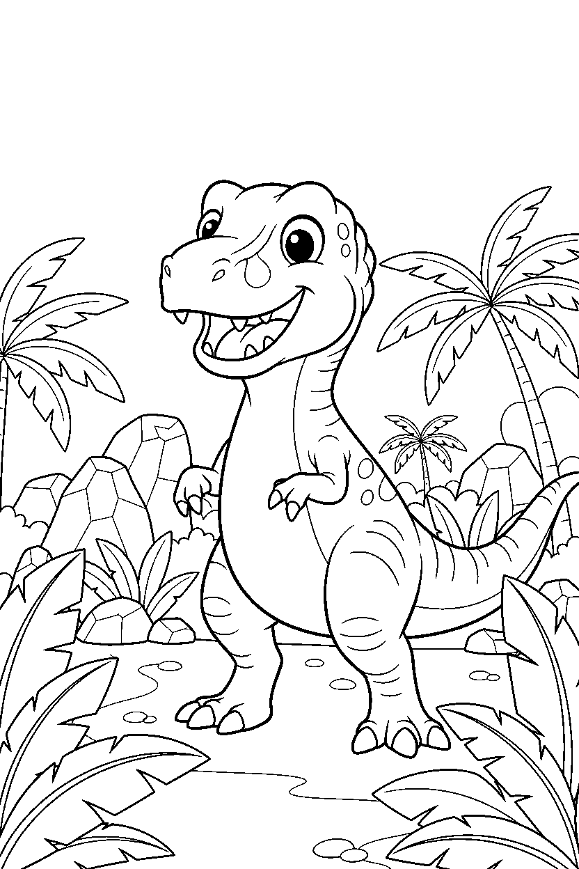 ceratosaurus dinosaur smiling happily near a jungle clearing line art