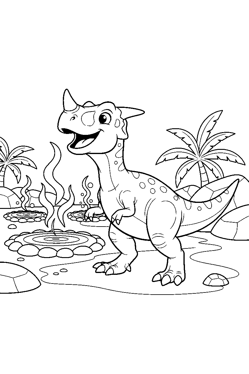 ceratosaurus dinosaur walking happily near hot springs line art
