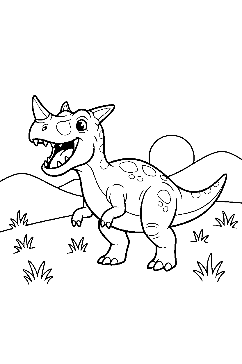 ceratosaurus roaring happily on a wide grassland line art