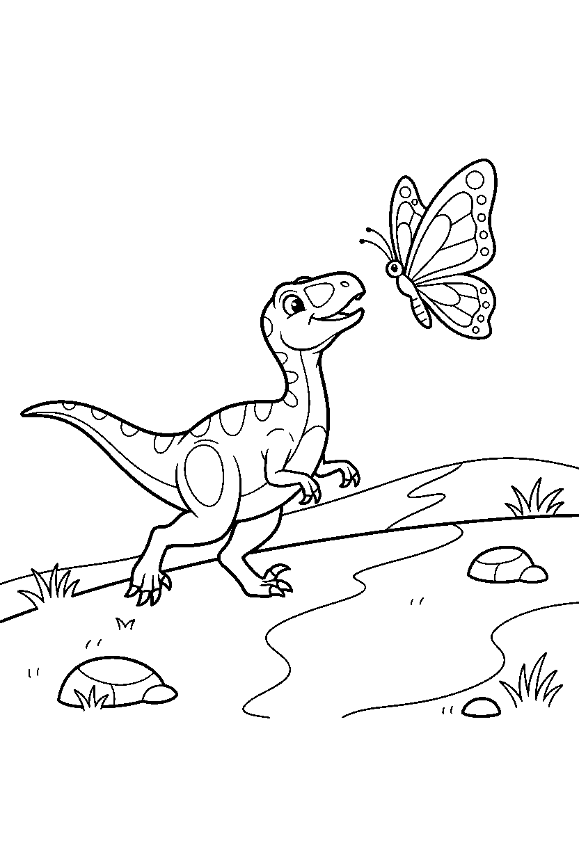coelophysis dinosaur chasing a butterfly near a grassy hill line art