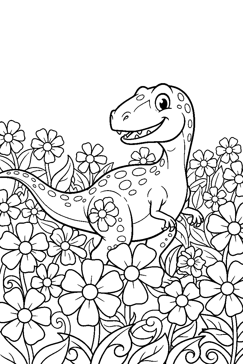 coelophysis dinosaur hiding playfully in a flower field line art
