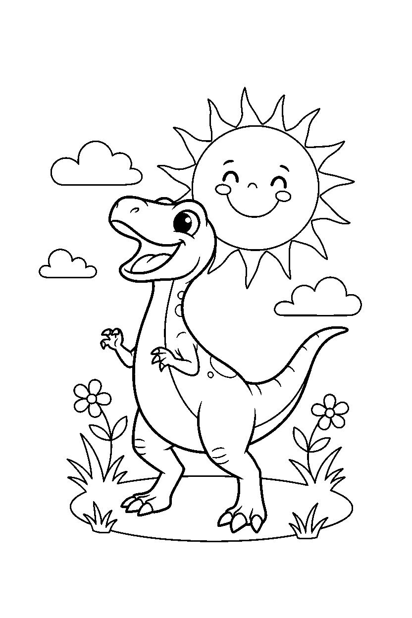 coelophysis dinosaur laughing playfully in a sunny meadow line art