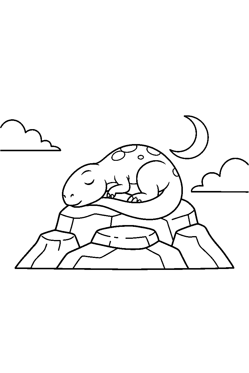 coelophysis dinosaur sleeping peacefully on a rocky mountain line art