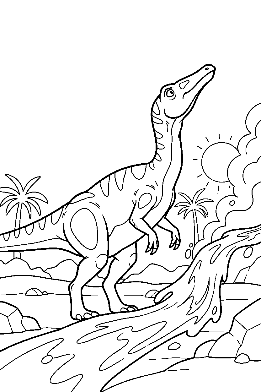 coelophysis dinosaur sniffing the air near a lava stream line art