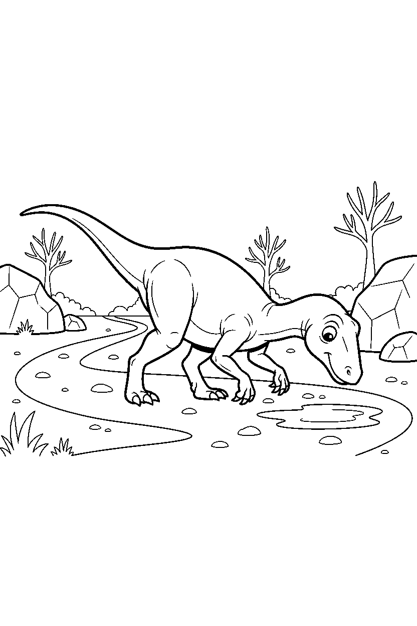 coelophysis dinosaur wandering curiously on a muddy trail line art