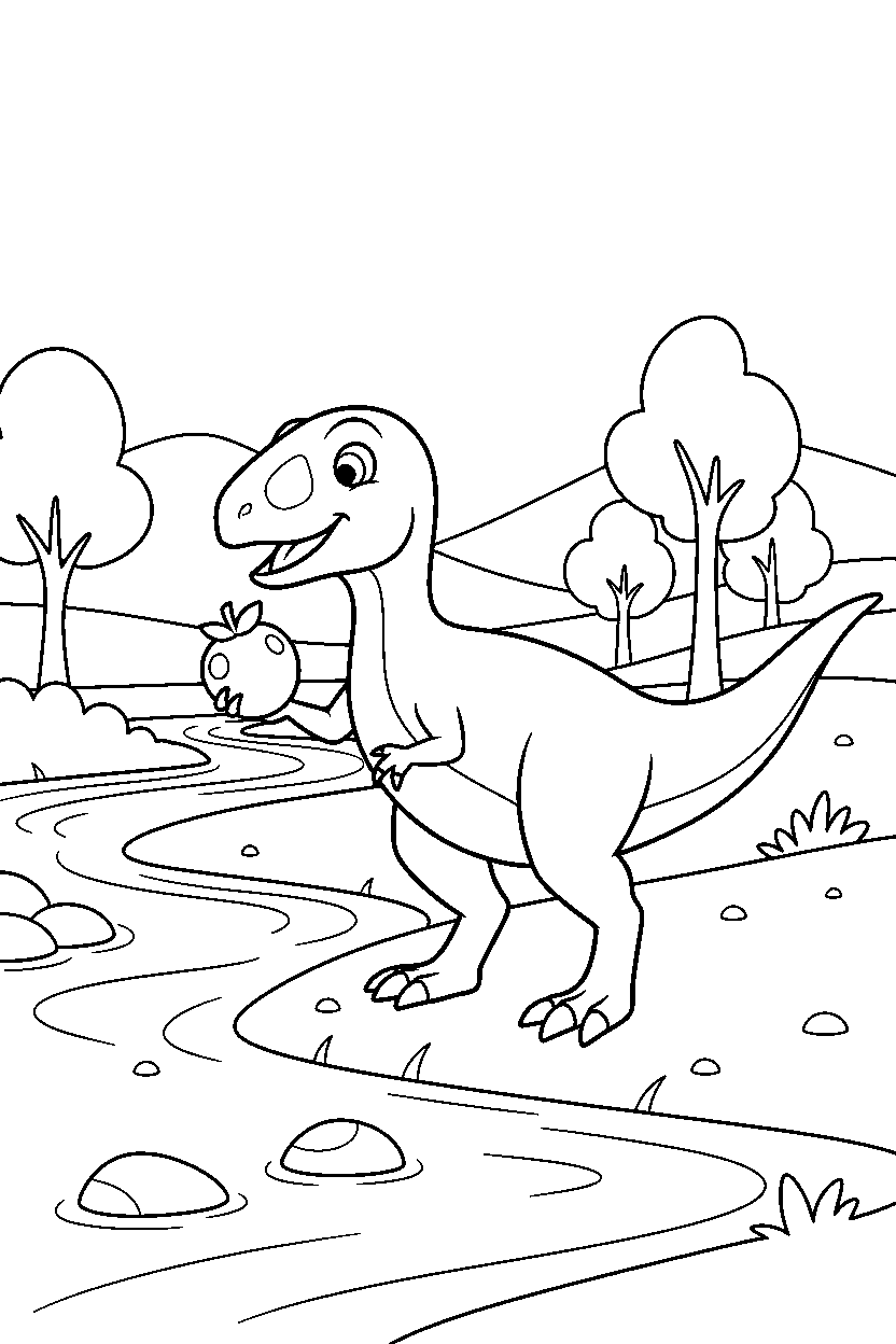 coelophysis eating a berry near a quiet stream line art