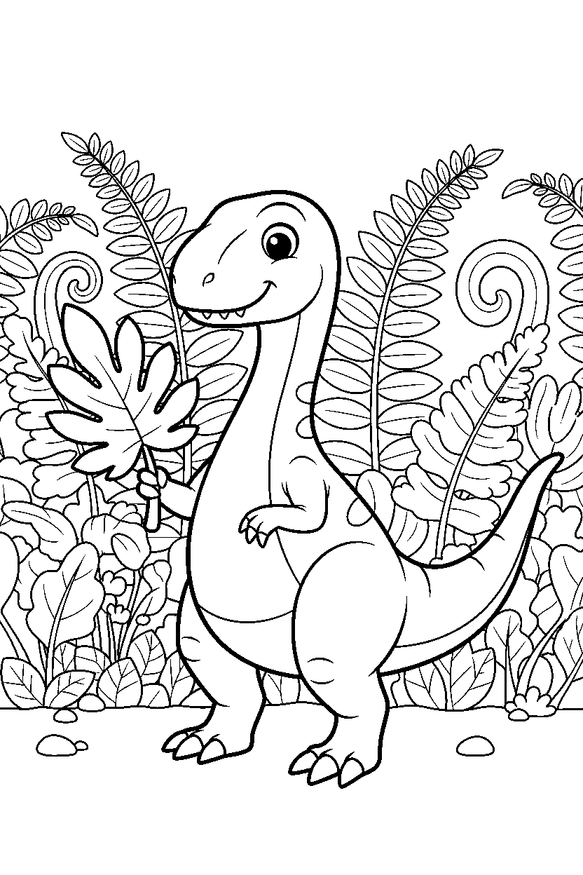 coelophysis holding a leaf in a fern forest line art