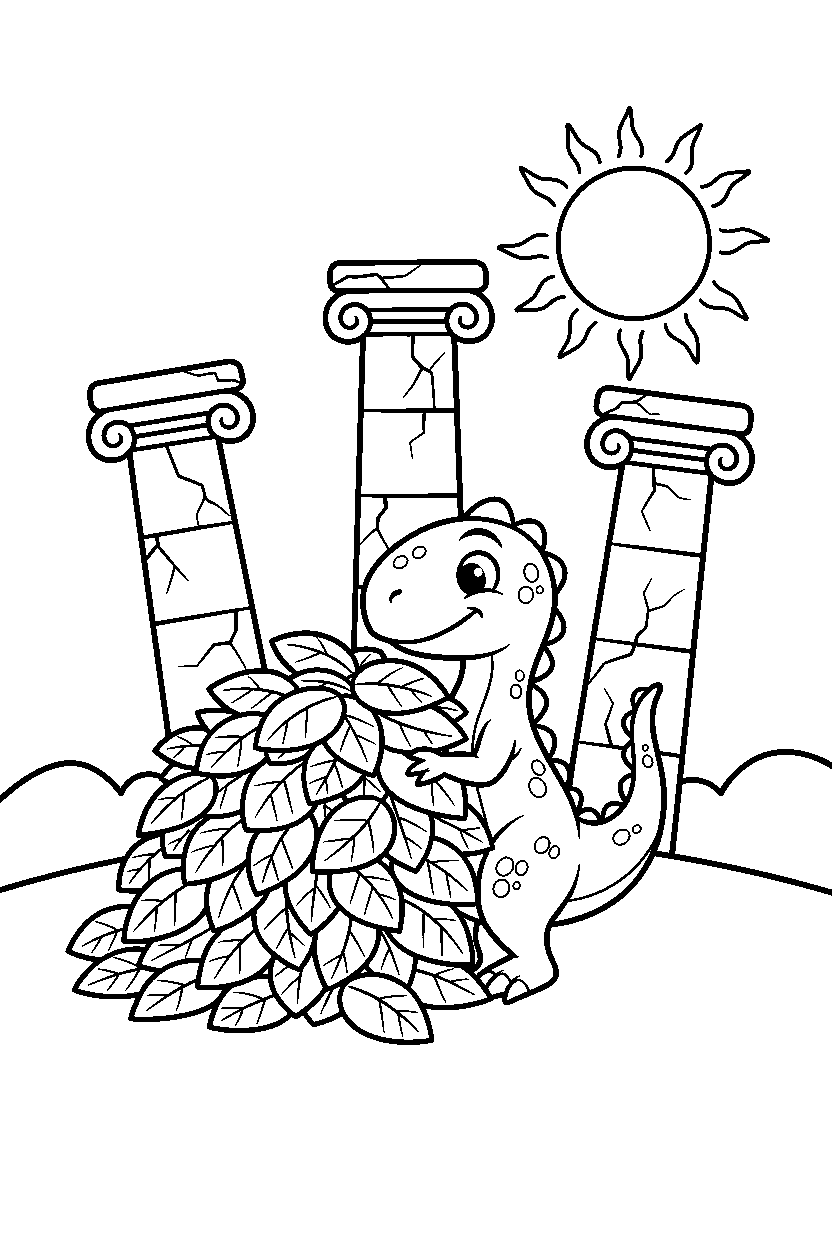 compsognathus carrying a leaf pile near ancient stone pillars line art