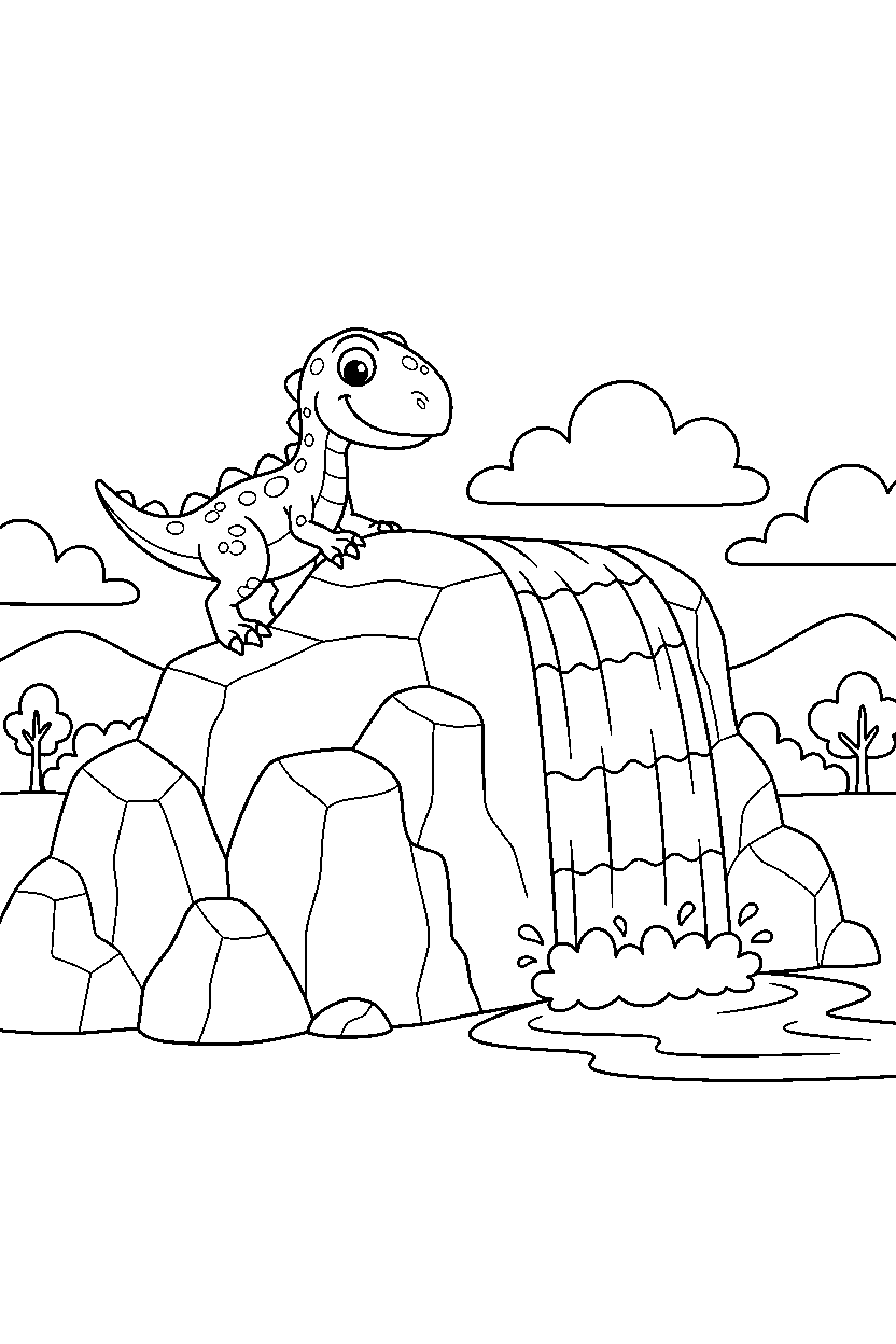 compsognathus climbing a rock near a rainbow waterfall line art