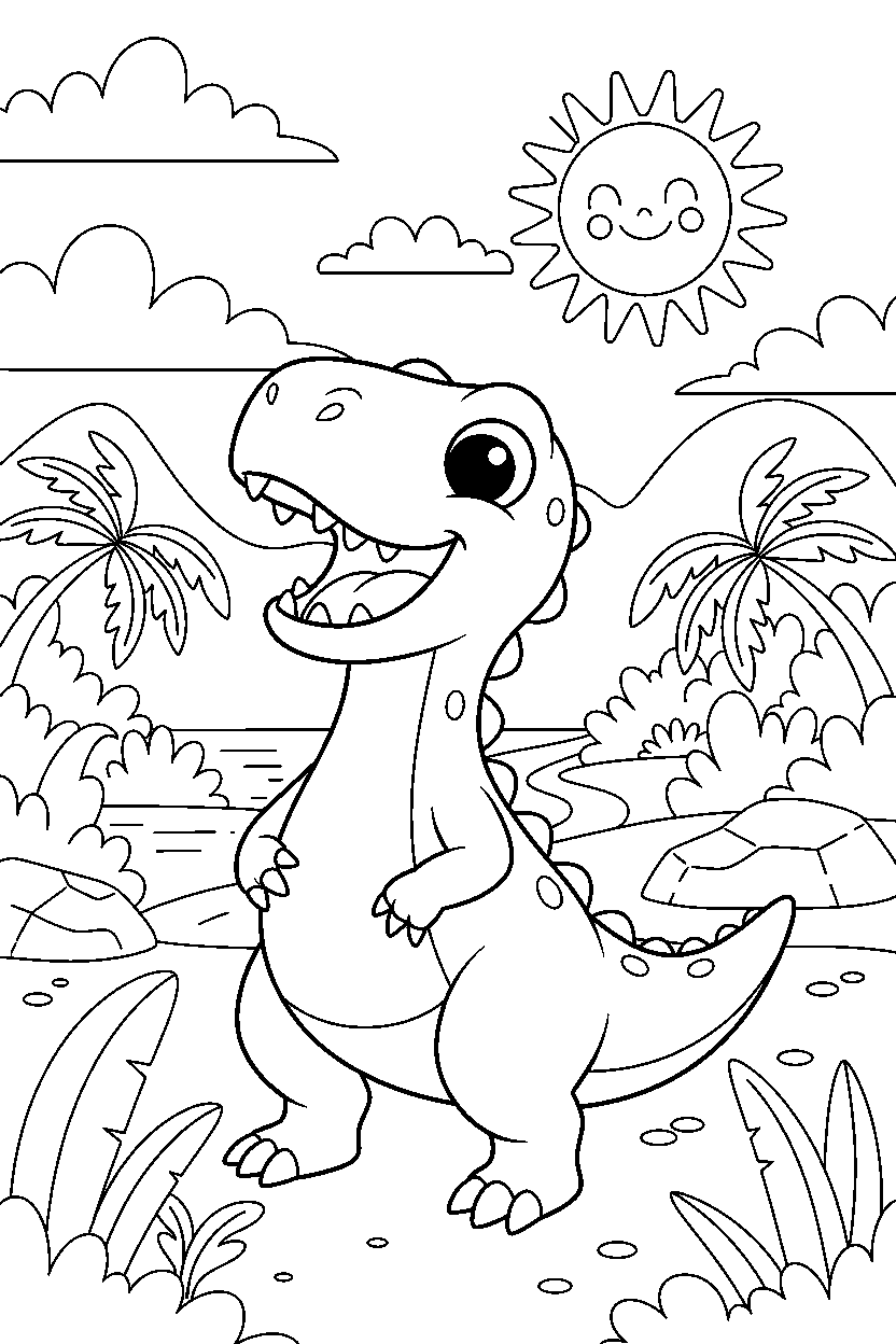 compsognathus dinosaur laughing playfully in a lush valley line art