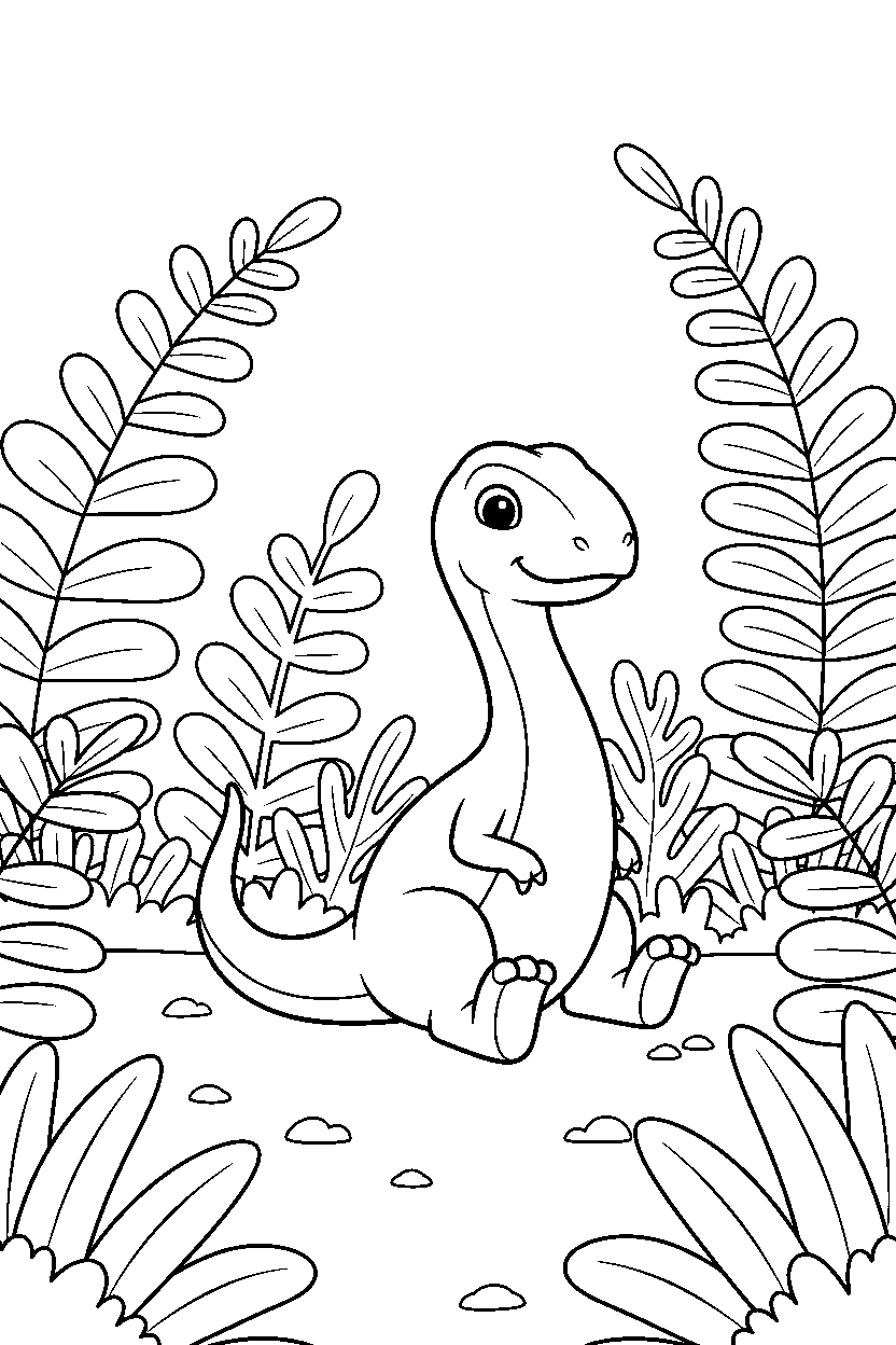compsognathus dinosaur sitting calmly inside a fern valley line art