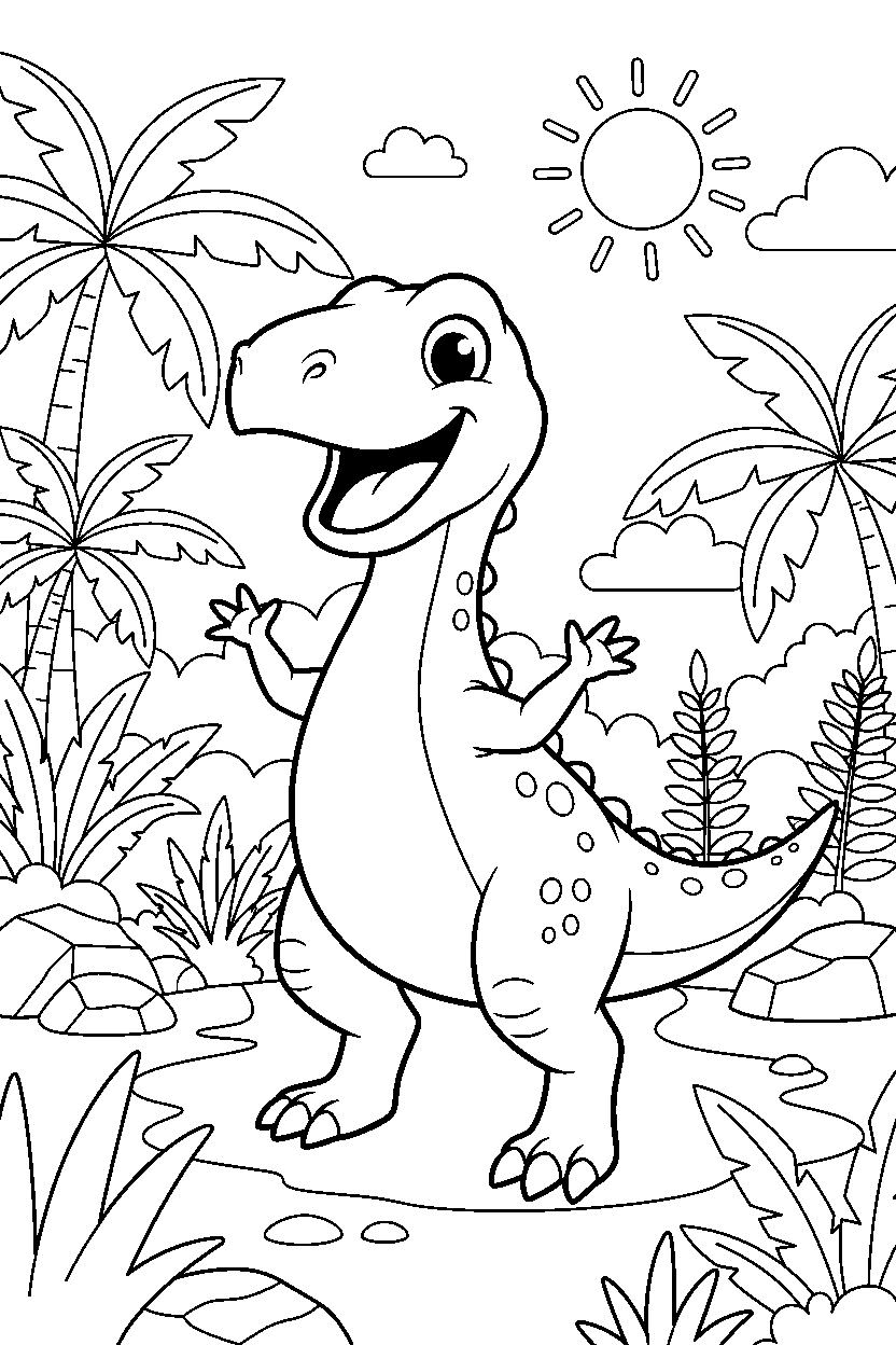 compsognathus dinosaur smiling happily in a prehistoric jungle line art