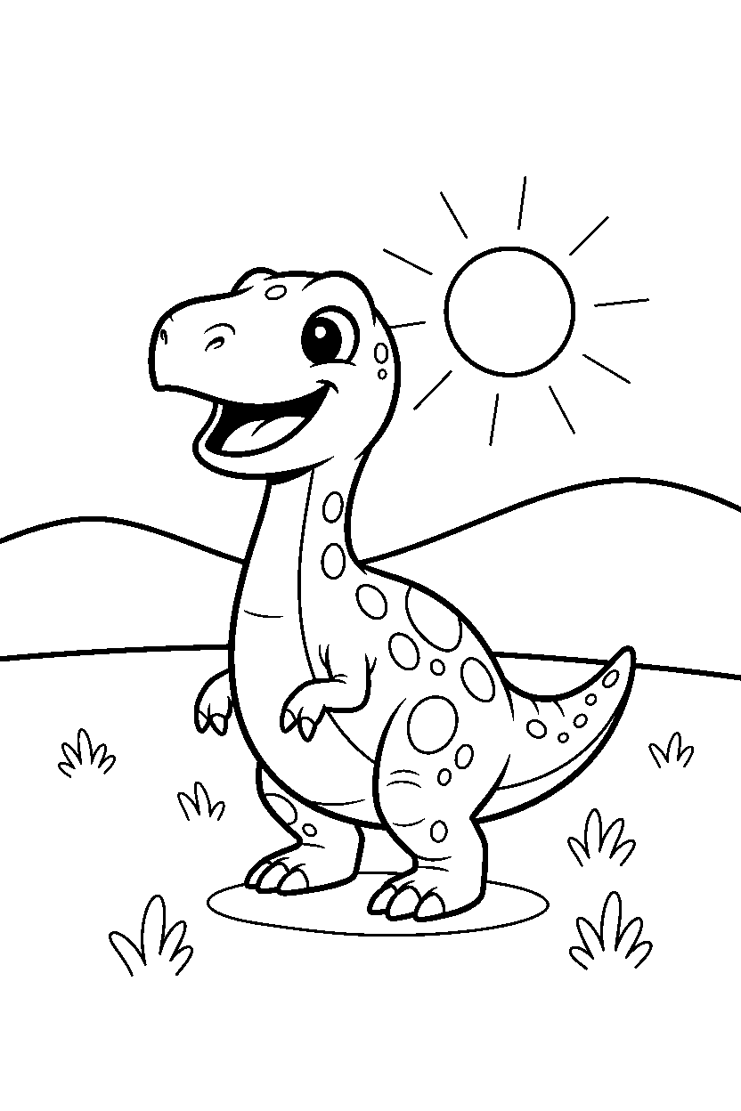 compsognathus dinosaur smiling happily on a grassy plain line art
