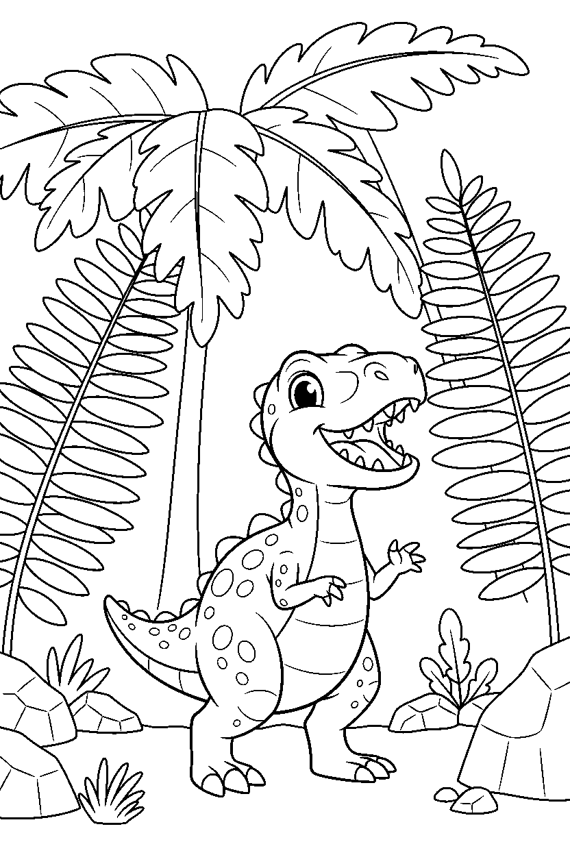 compsognathus roaring happily under giant ferns line art