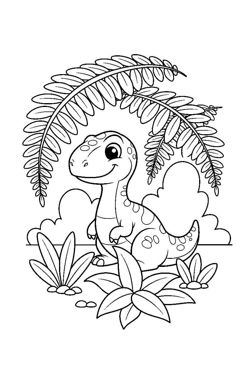 compsognathus sitting under giant ferns line art