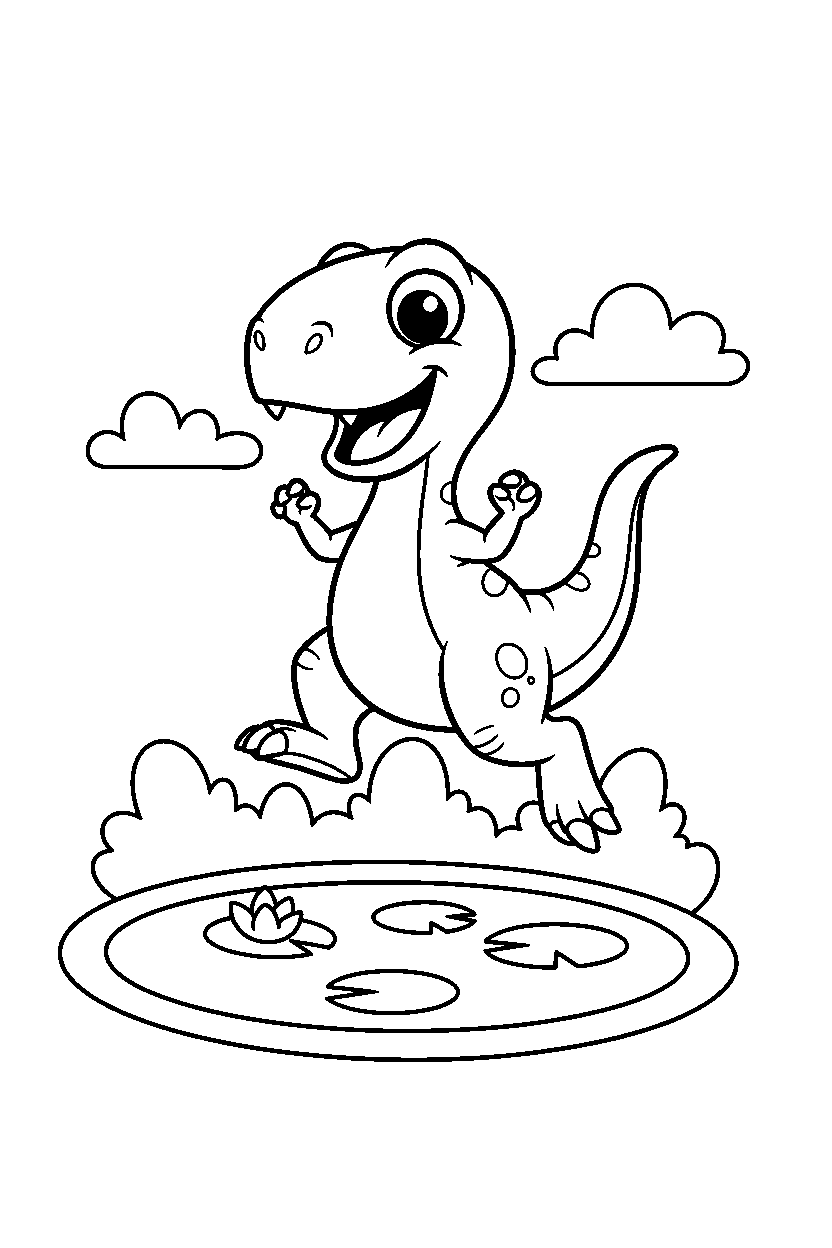 compsognathus skipping happily by a small pond line art