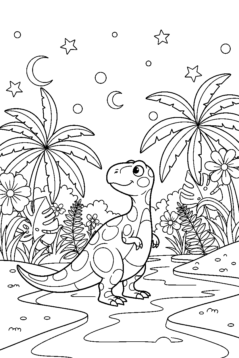compsognathus watching the sky beside a jungle river line art