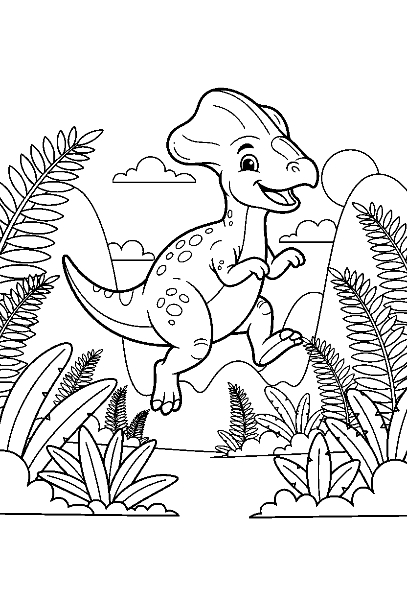 corythosaurus dinosaur jumping playfully inside a fern valley line art
