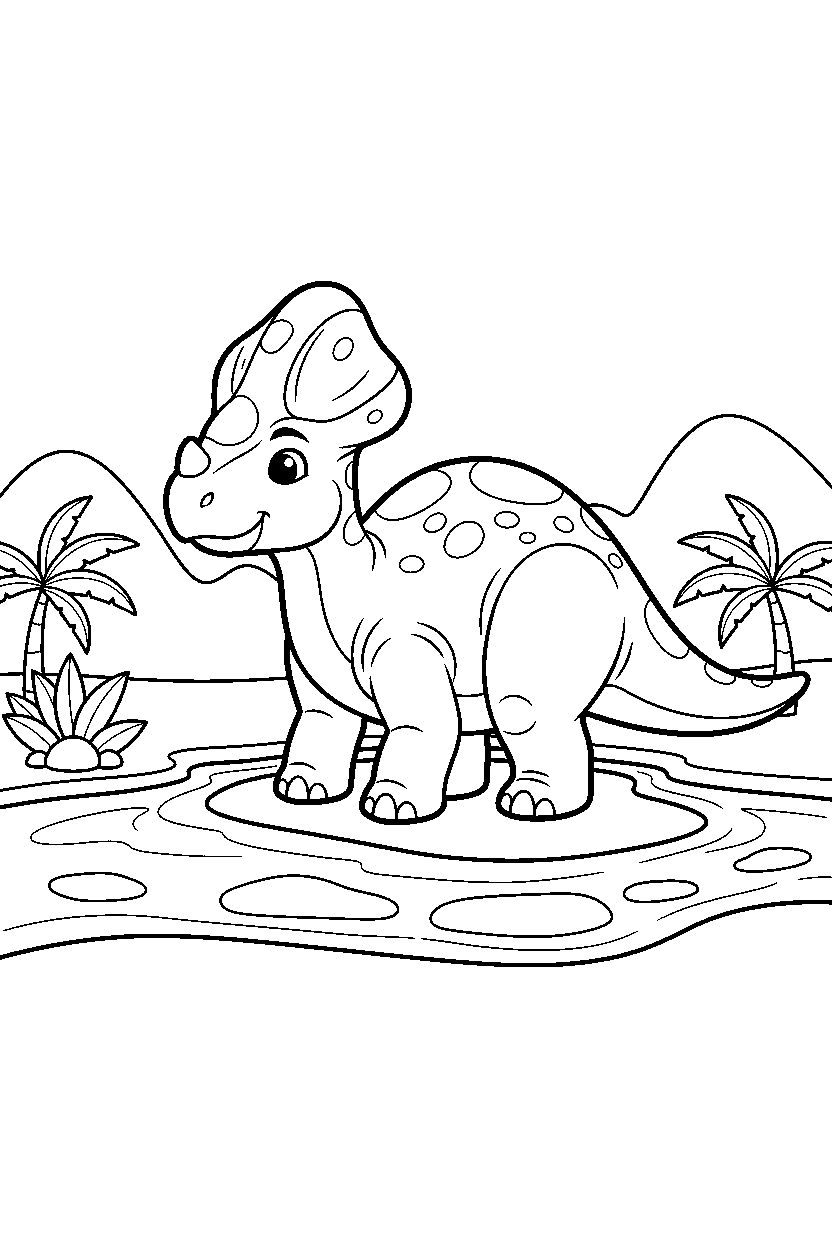 corythosaurus dinosaur standing calmly near a lava stream line art