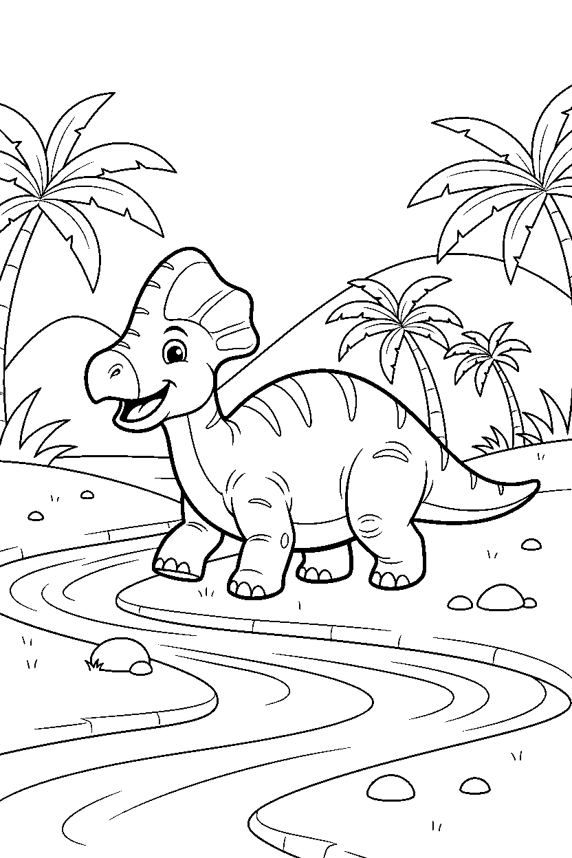 corythosaurus dinosaur walking happily by a river line art