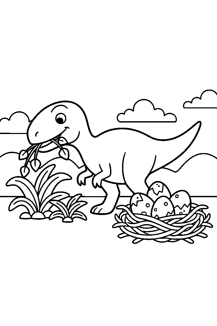 deinonychus chewing plants near a nesting ground line art