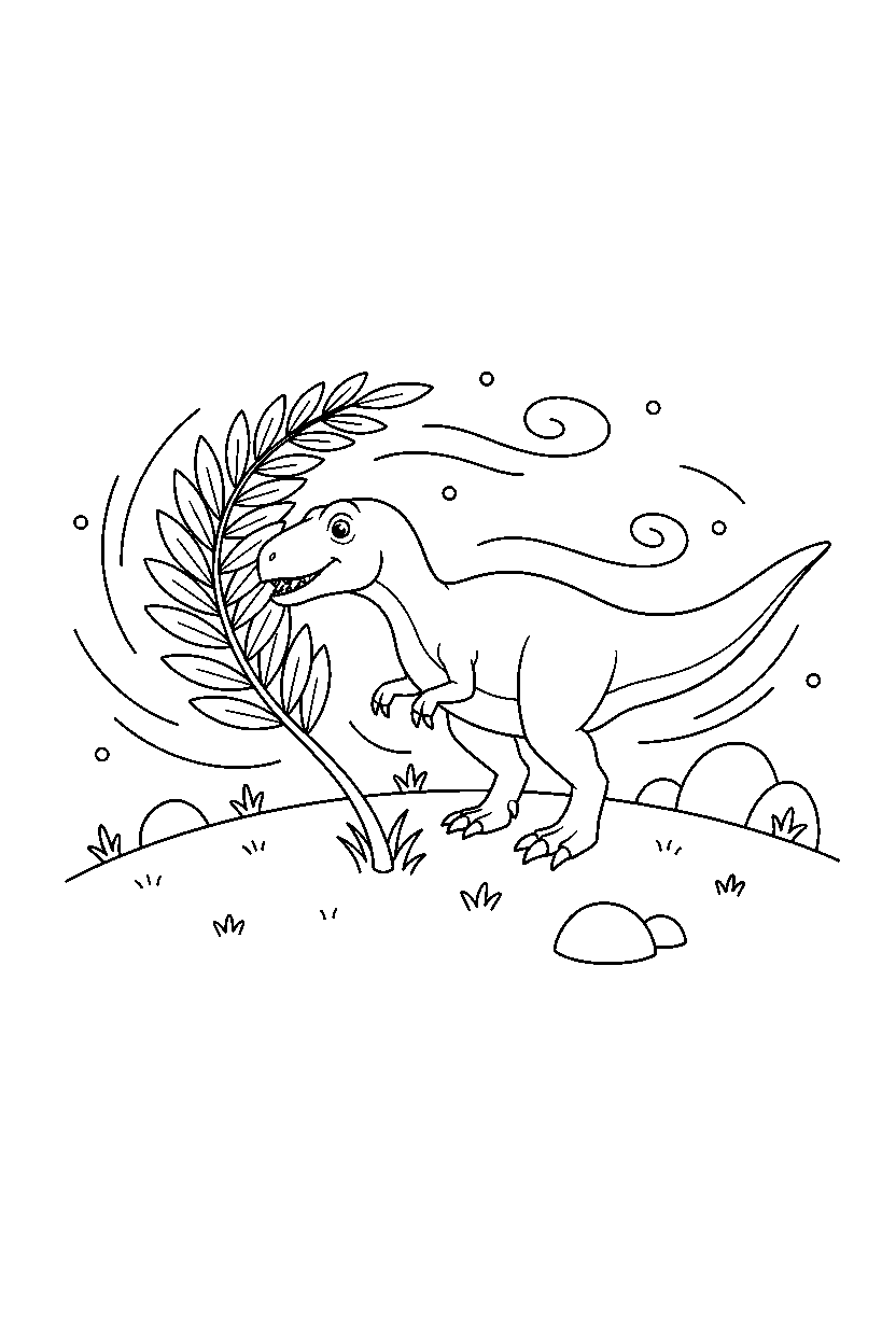 deinonychus dinosaur eating a plant on a windy hill line art