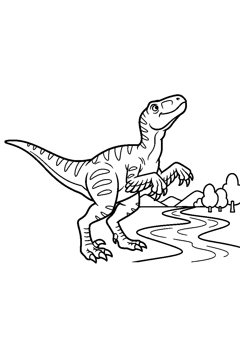 deinonychus dinosaur sniffing the air by a river line art