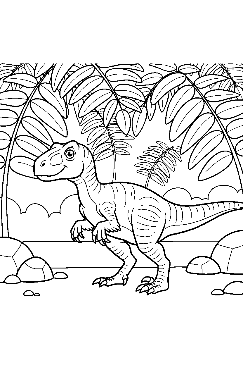 deinonychus dinosaur walking proudly under giant ferns line art