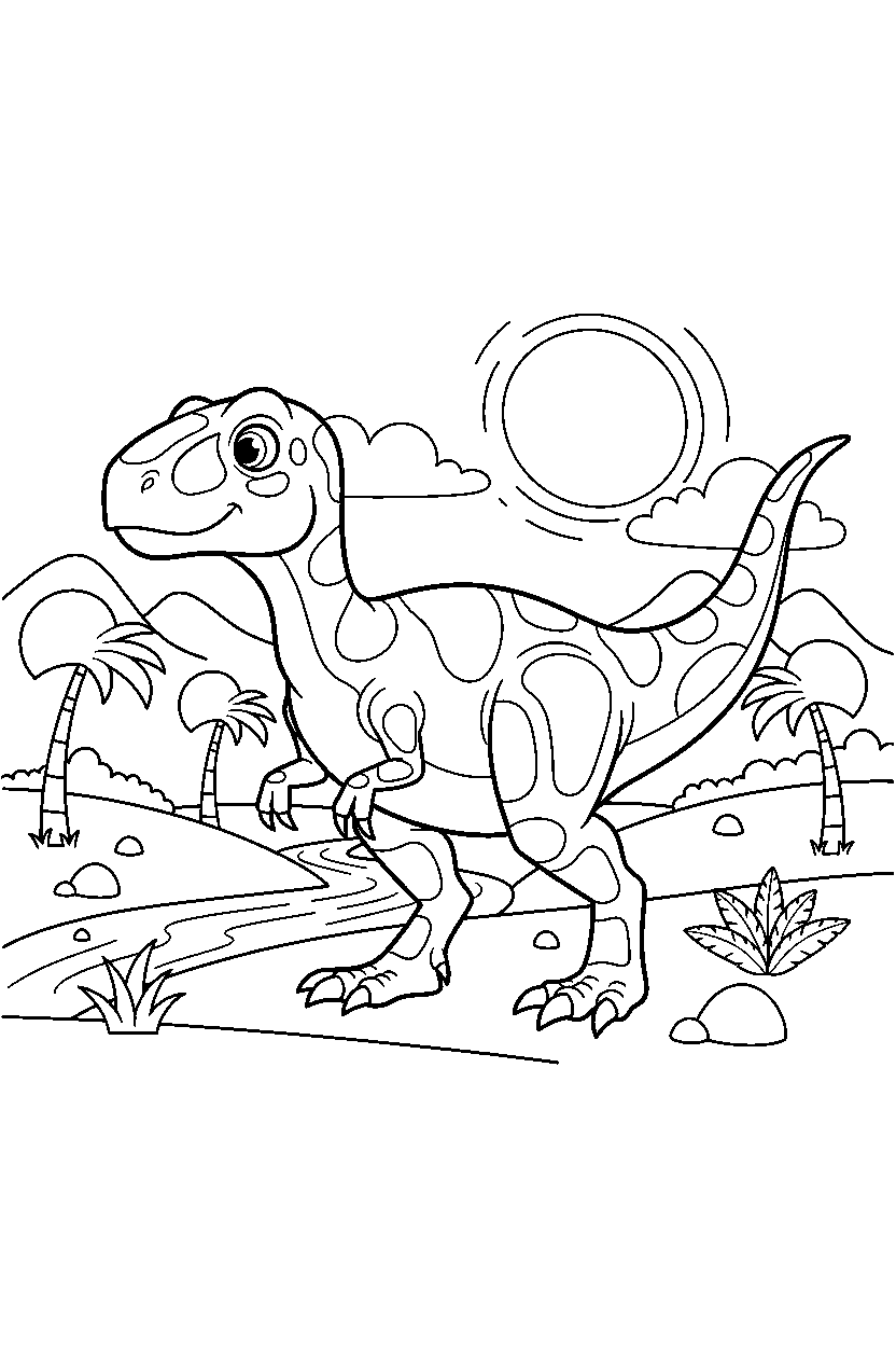 deinonychus dinosaur wandering curiously in a warm prehistoric valley line art