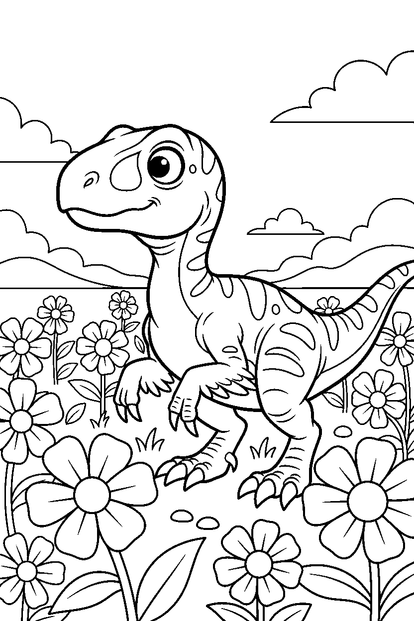 deinonychus looking around curiously in a flower field line art