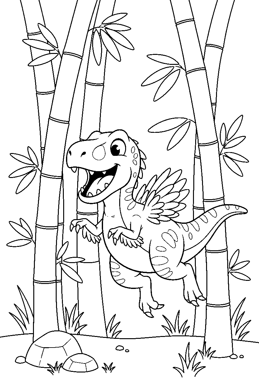 deinonychus playing happily in a bamboo forest line art
