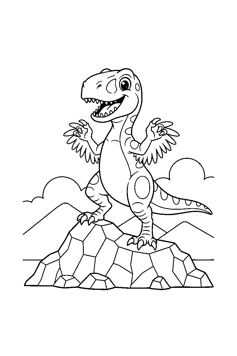 deinonychus posing happily on a rocky mountain line art