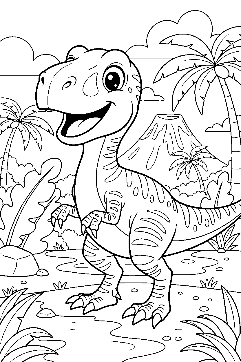 deinonychus smiling happily in a prehistoric jungle line art