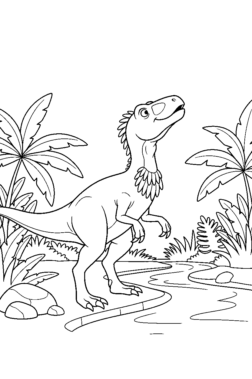 deinonychus sniffing the air beside a jungle river line art