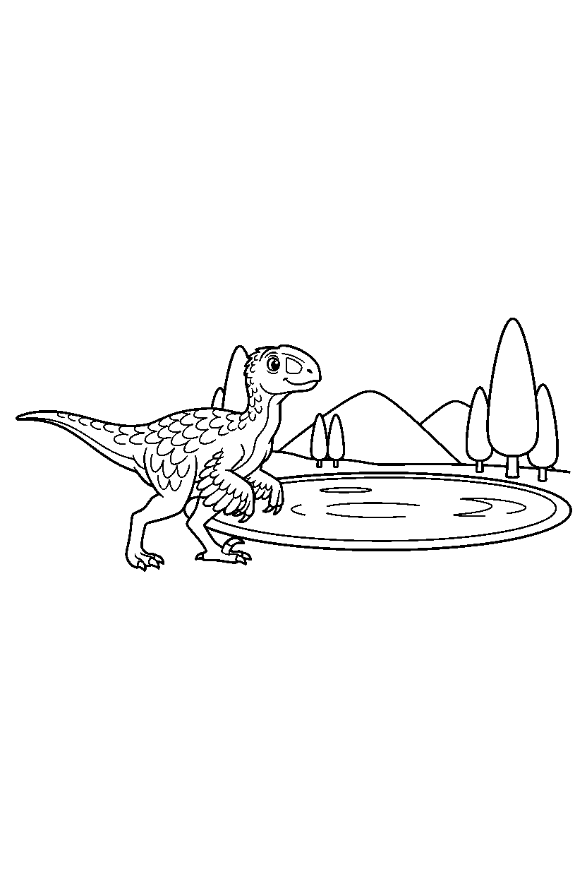 deinonychus wandering curiously by a lake line art