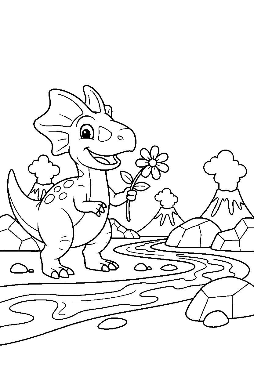 dilophosaurus dinosaur holding a flower near a lava stream line art