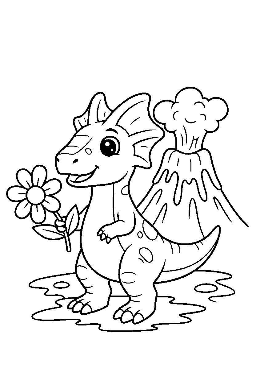 dilophosaurus dinosaur holding a flower near a volcano line art