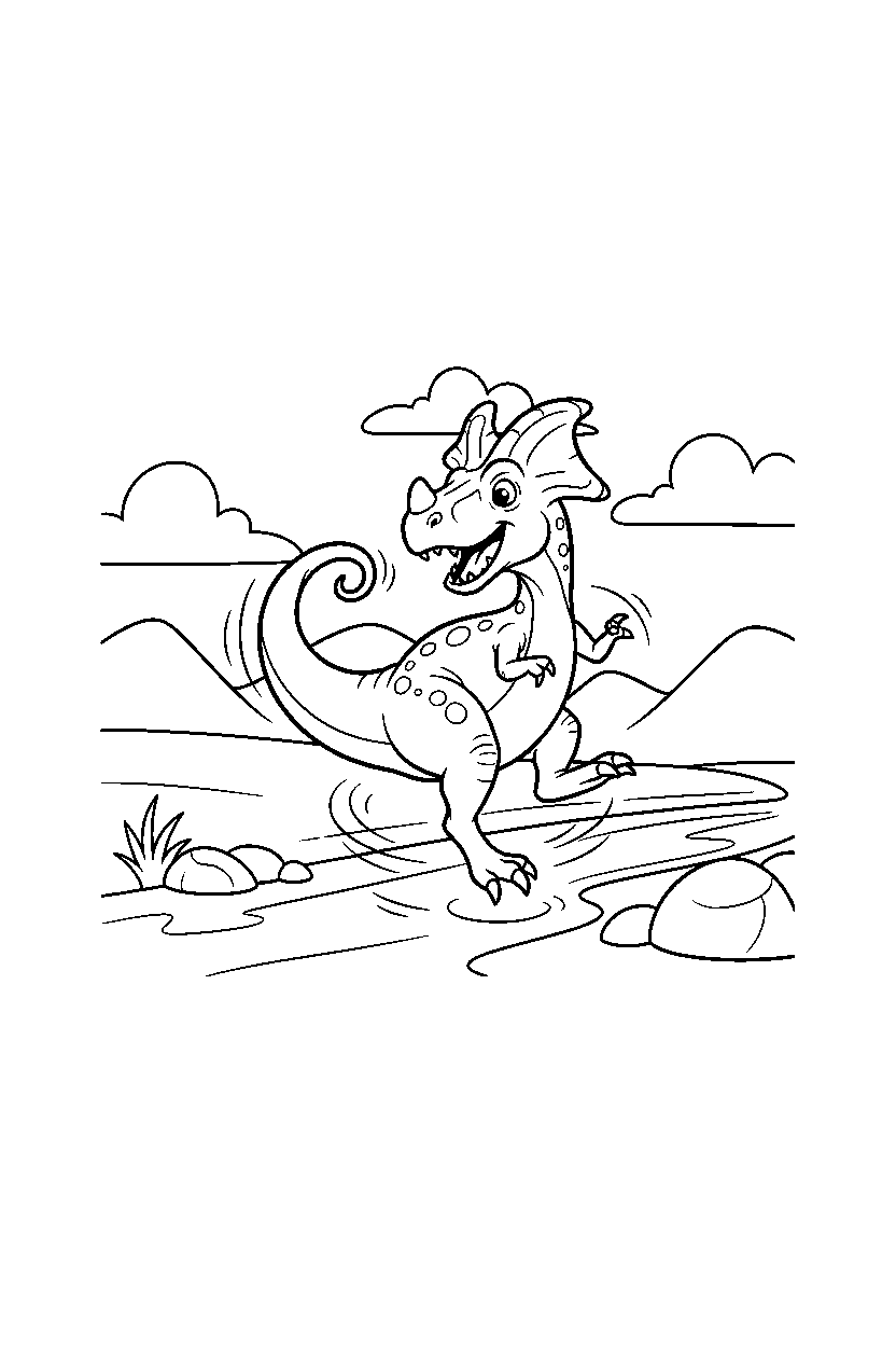 dilophosaurus dinosaur spinning playfully by a river line art