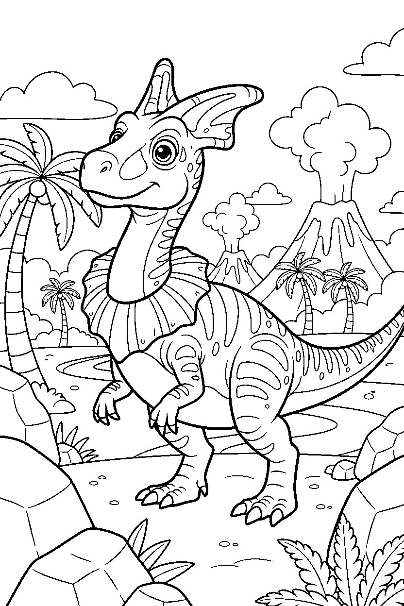dilophosaurus dinosaur wandering curiously in a warm prehistoric valley line art
