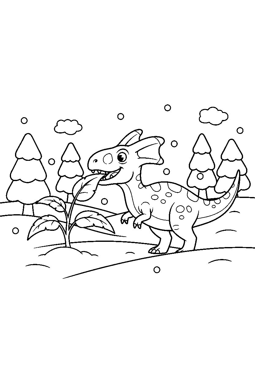 dilophosaurus eating a plant in a snowy land line art