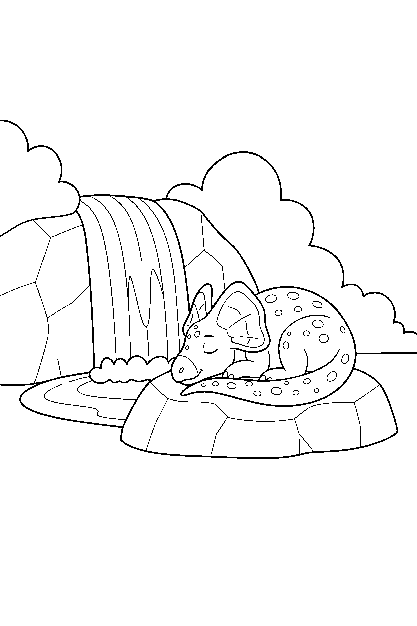 dilophosaurus resting peacefully near a rainbow waterfall line art