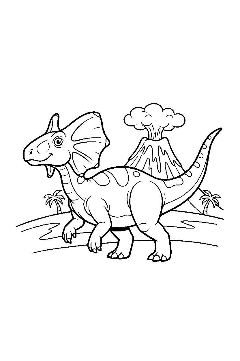 dilophosaurus walking proudly near a volcano line art