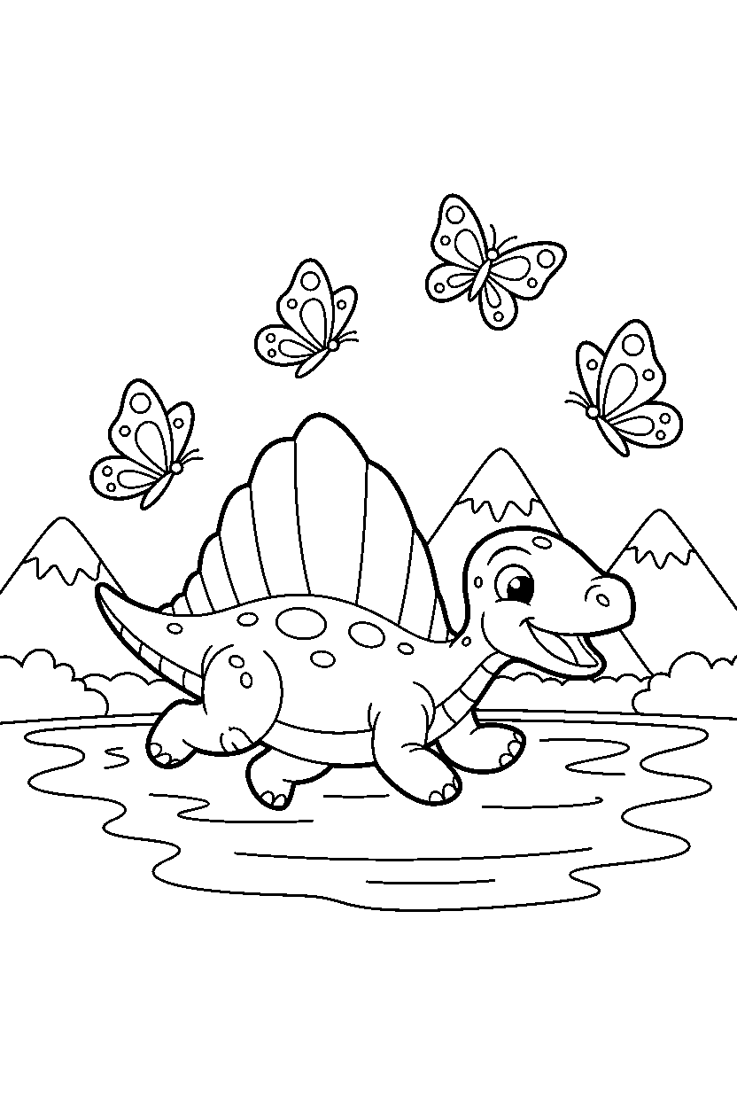 dimetrodon chasing butterflies near a mountain lake line art
