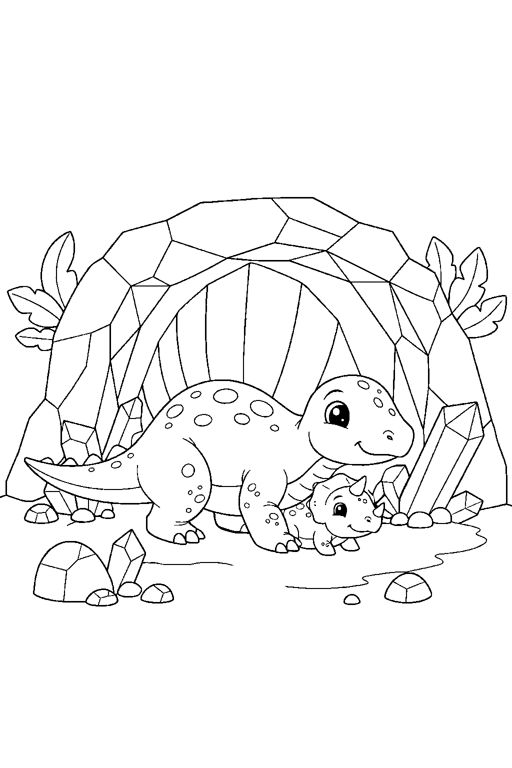 dimetrodon protecting a baby dino near a crystal cave line art
