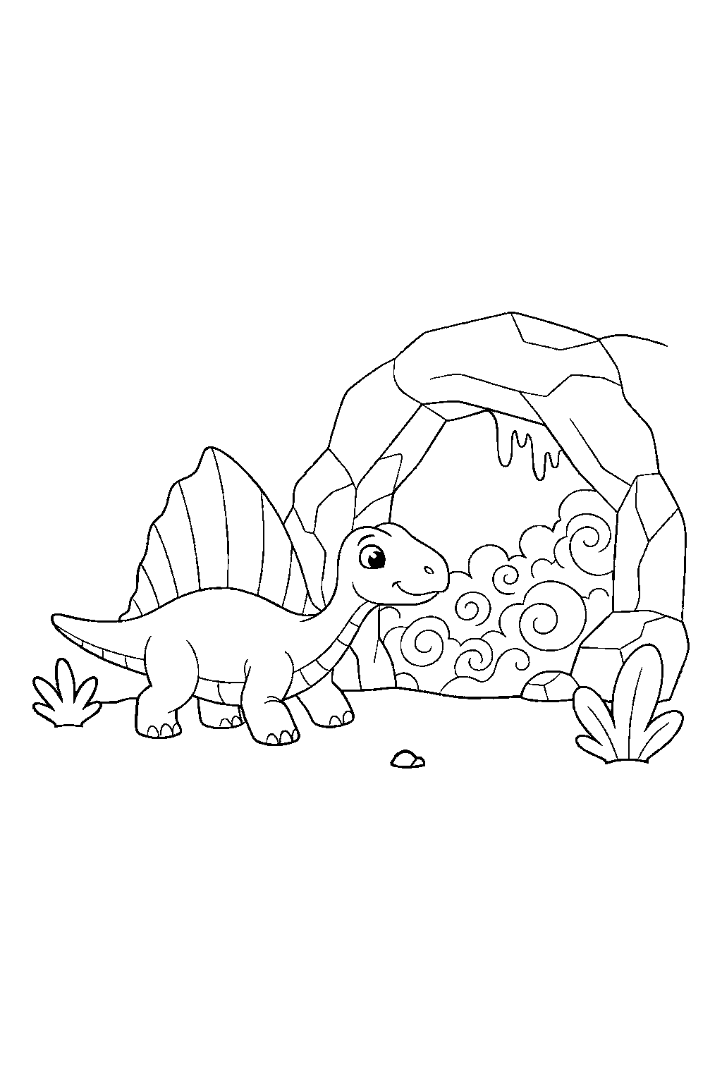 dimetrodon wandering curiously near a foggy cave line art